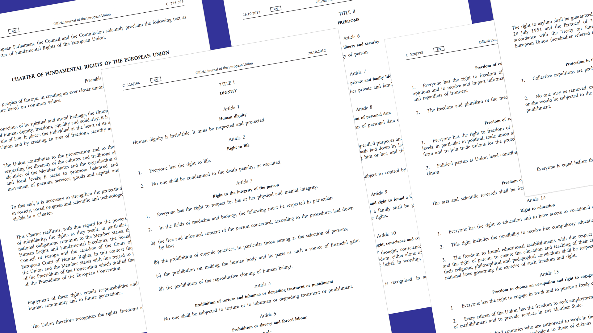 Collage of first five pages from the Charter of Fundamental Rights of the European Union