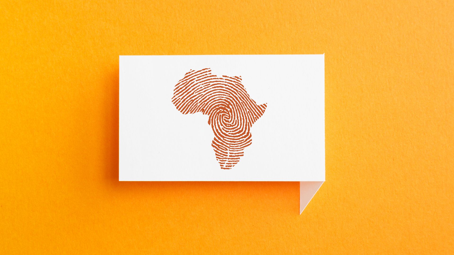 Orange visual featuring a white chat box and a map of Africa designed as a fingerprint.