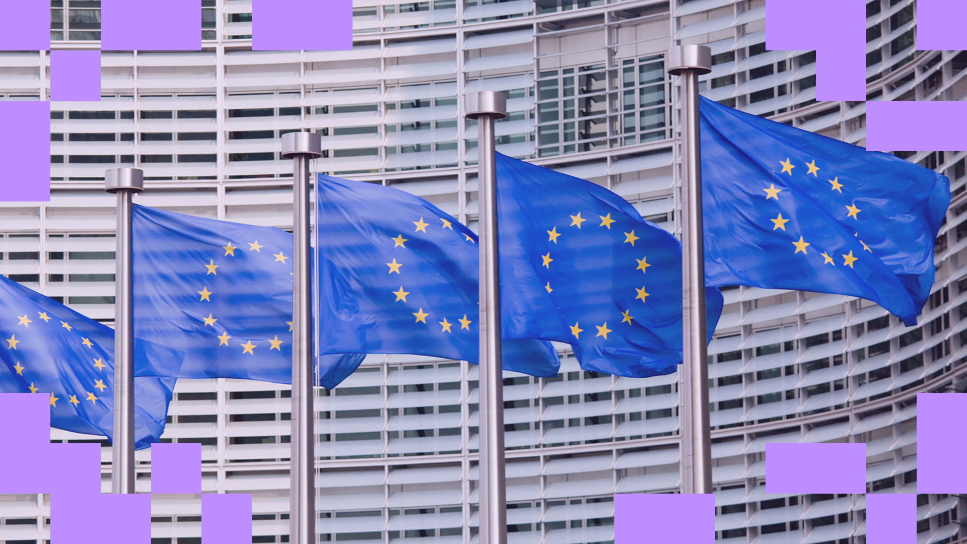 Five European Union flags waving in front of an EU building, with purple pixelized elements, part of the visual identity for EUANDI, the voting advice application developed by the European University Institute, integrated into the image.