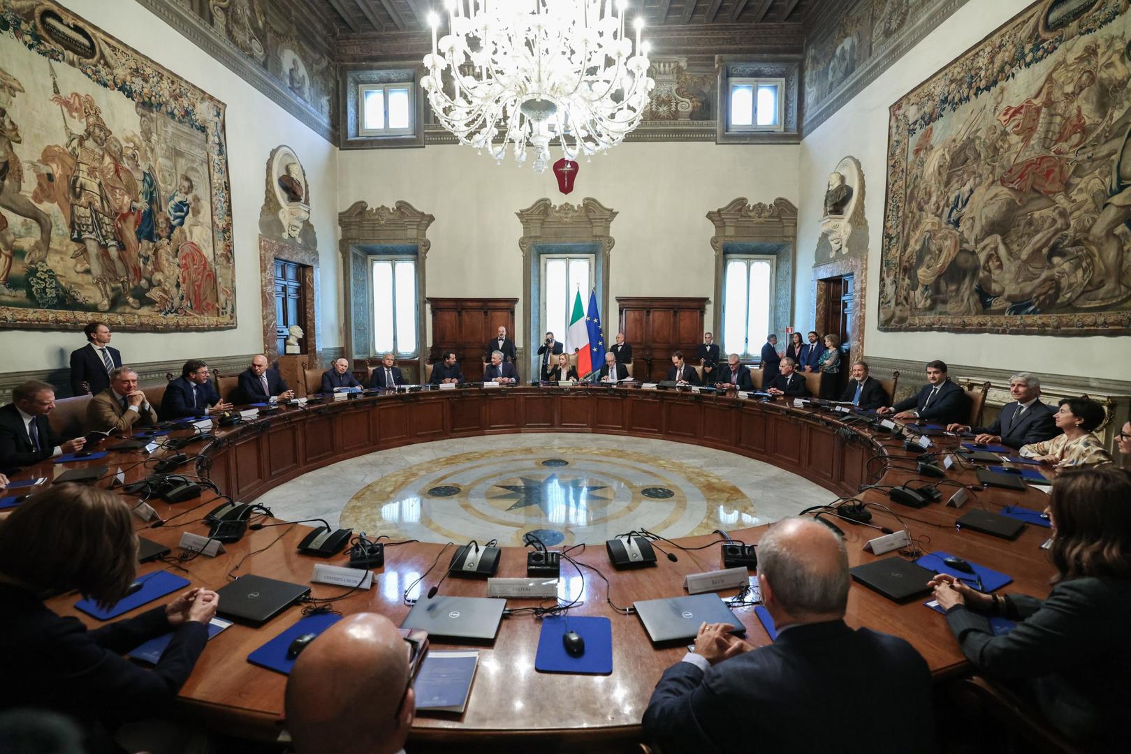 23 October 2022: Giorgia Meloni during her first cabinet meeting at Chigi Palace (Italian: Palazzo Chigi), the official residence of the Prime Minister of Italy.