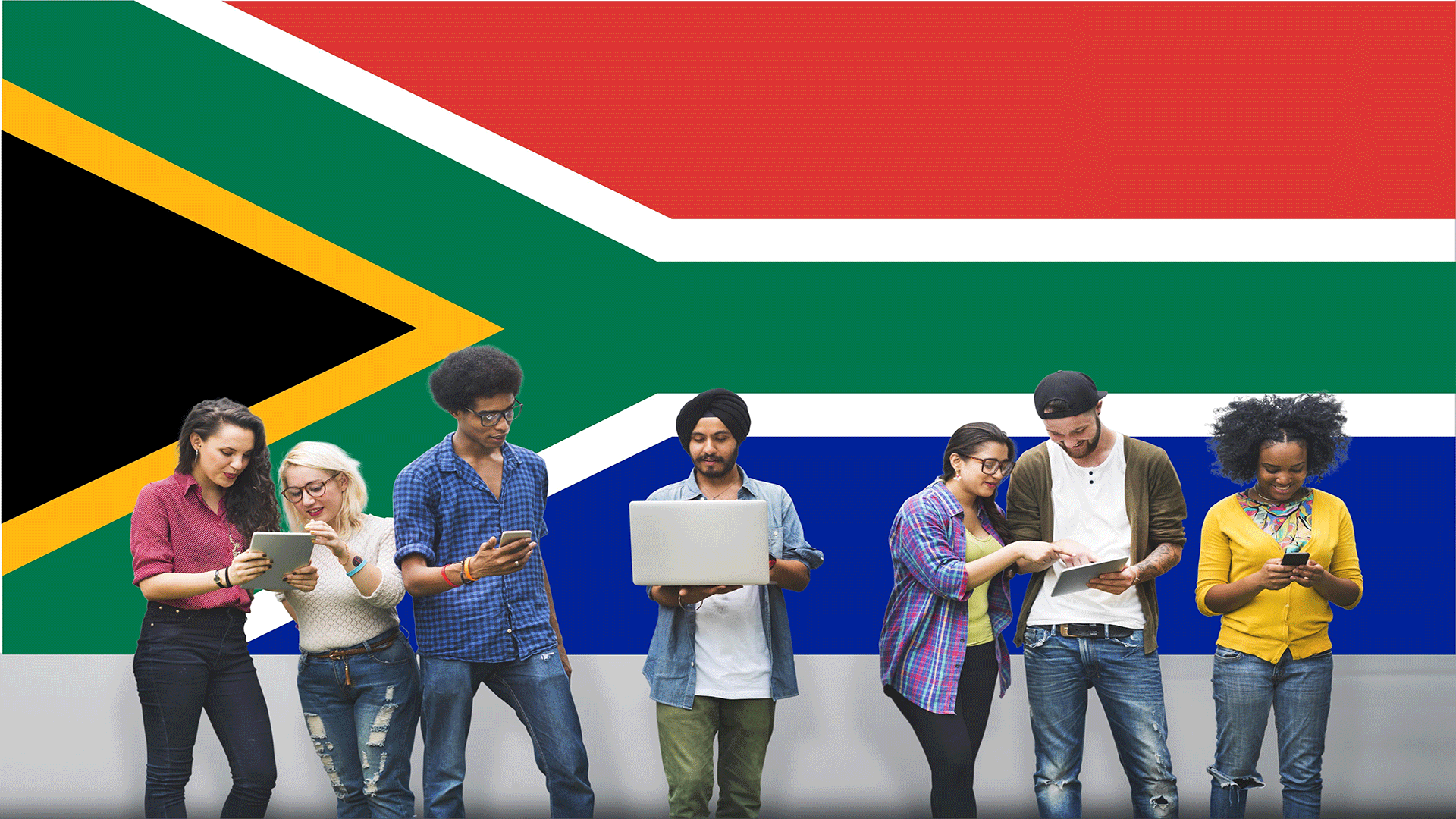 group of diverse people in a horizontal line, looking a at phones and tablets with the South africa flag as background